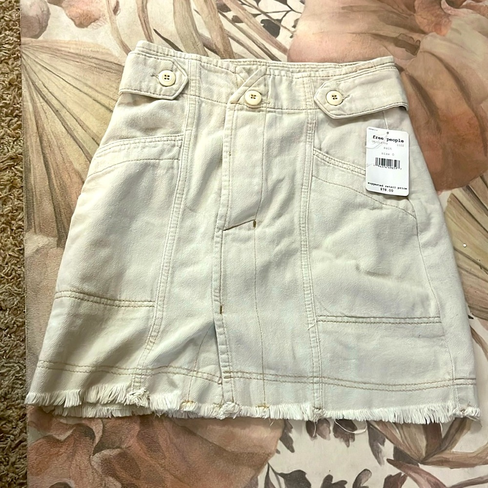 Free People denim fringe high waist skirt in off white / ivory, NWT